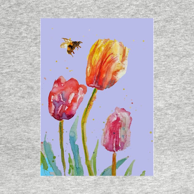 Tulip Flower Watercolor Painting and Bee on Lavender purple by SarahRajkotwala